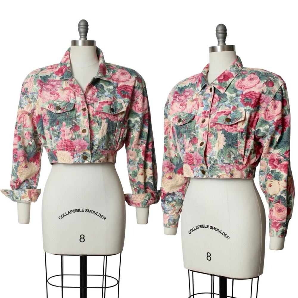 Vintage 1990s Denim Jacket 90s Floral Jean Cropped Coat